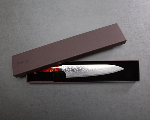 Yoshimi Kato R2/SG2 Diamond Damascus 210mm Gyuto with Polished Red Lava Acrylic Handle