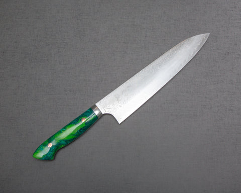 Yoshimi Kato R2/SG2 Diamond Damascus 240mm Gyuto with Polished Lime Green Acrylic Handle