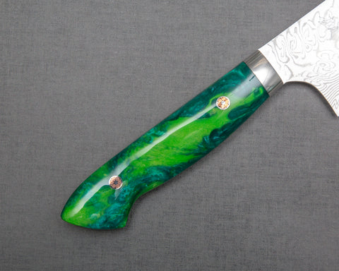 Yoshimi Kato R2/SG2 Diamond Damascus 240mm Gyuto with Polished Lime Green Acrylic Handle