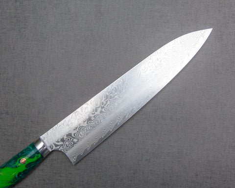 Yoshimi Kato R2/SG2 Diamond Damascus 240mm Gyuto with Polished Lime Green Acrylic Handle