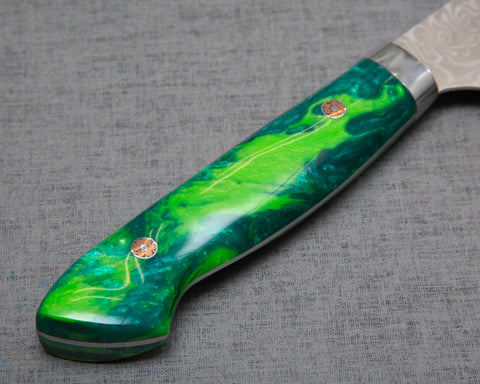 Yoshimi Kato R2/SG2 Diamond Damascus 240mm Gyuto with Polished Lime Green Acrylic Handle