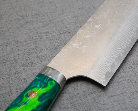 Yoshimi Kato R2/SG2 Diamond Damascus 240mm Gyuto with Polished Lime Green Acrylic Handle