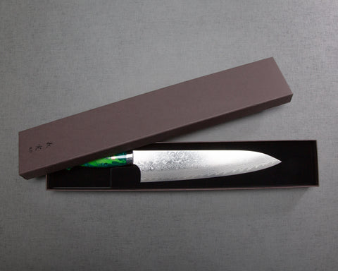 Yoshimi Kato R2/SG2 Diamond Damascus 240mm Gyuto with Polished Lime Green Acrylic Handle