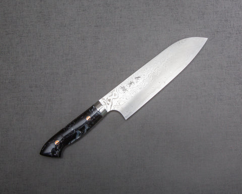 Yoshimi Kato R2/SG2 Diamond Damascus 180mm Santoku with Polished Black & White Acrylic Handle