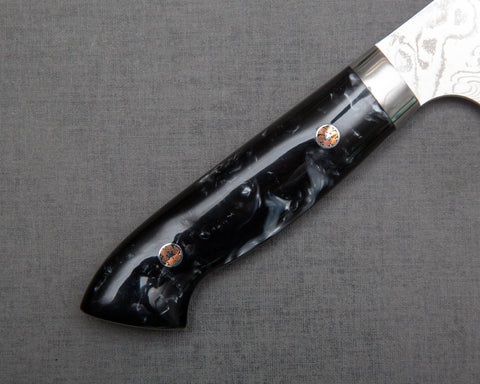Yoshimi Kato R2/SG2 Diamond Damascus 180mm Santoku with Polished Black & White Acrylic Handle