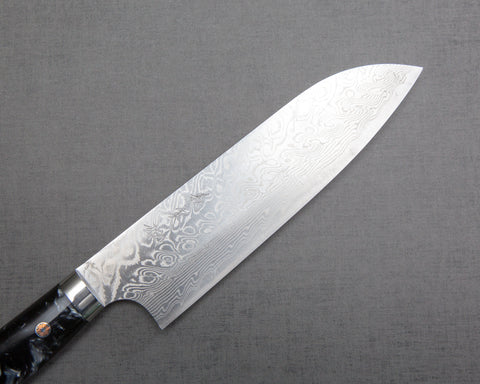 Yoshimi Kato R2/SG2 Diamond Damascus 180mm Santoku with Polished Black & White Acrylic Handle
