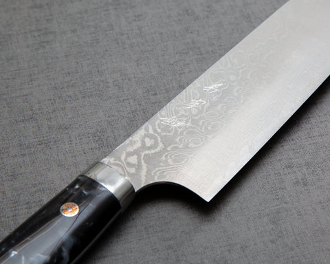 Yoshimi Kato R2/SG2 Diamond Damascus 180mm Santoku with Polished Black & White Acrylic Handle