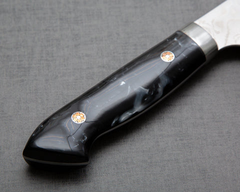 Yoshimi Kato R2/SG2 Diamond Damascus 180mm Santoku with Polished Black & White Acrylic Handle