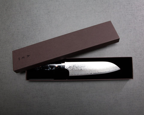 Yoshimi Kato R2/SG2 Diamond Damascus 180mm Santoku with Polished Black & White Acrylic Handle