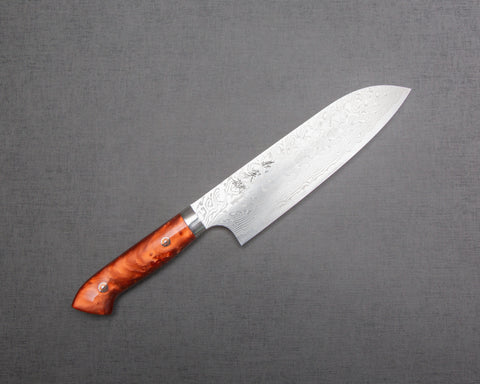 Yoshimi Kato R2/SG2 Diamond Damascus 180mm Santoku with Polished Pearl Orange Acrylic Handle