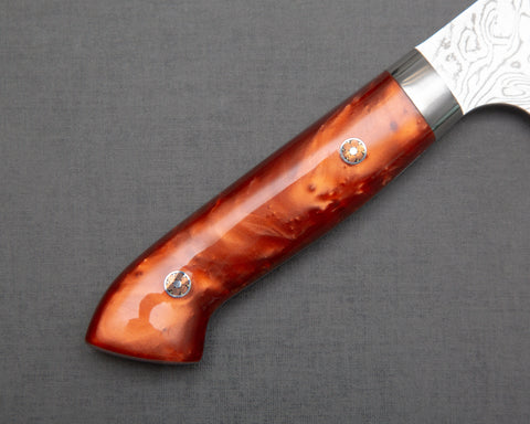 Yoshimi Kato R2/SG2 Diamond Damascus 180mm Santoku with Polished Pearl Orange Acrylic Handle