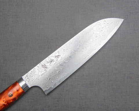 Yoshimi Kato R2/SG2 Diamond Damascus 180mm Santoku with Polished Pearl Orange Acrylic Handle
