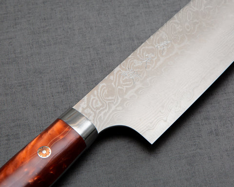 Yoshimi Kato R2/SG2 Diamond Damascus 180mm Santoku with Polished Pearl Orange Acrylic Handle