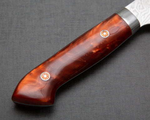 Yoshimi Kato R2/SG2 Diamond Damascus 180mm Santoku with Polished Pearl Orange Acrylic Handle