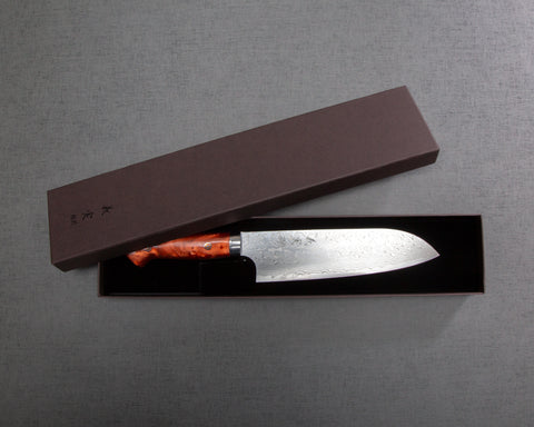 Yoshimi Kato R2/SG2 Diamond Damascus 180mm Santoku with Polished Pearl Orange Acrylic Handle
