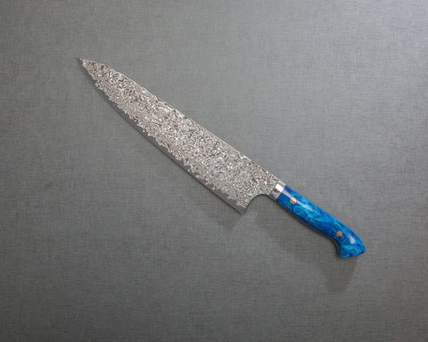 Yoshimi Kato VG10 Black Damascus 270mm Gyuto with Polished Ocean Blue Acrylic Handle