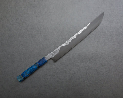 Nigara Honyaki Aogami #2 300mm Sujihiki with Blue Stabilized Wood Handle