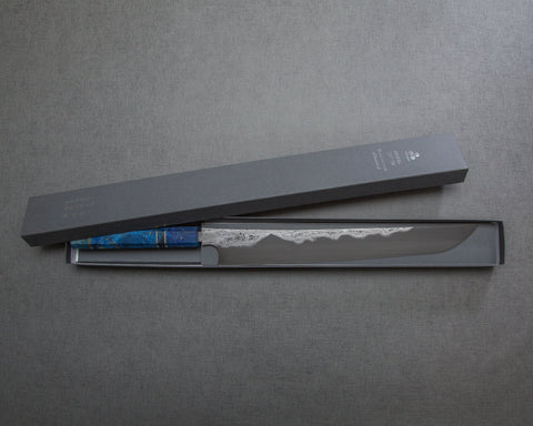 Nigara Honyaki Aogami #2 300mm Sujihiki with Blue Stabilized Wood Handle