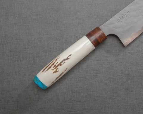 Nigara Aogami Super Matt Migaki Tsuchime 210mm Kiritsuke Gyuto with White Antler Handle