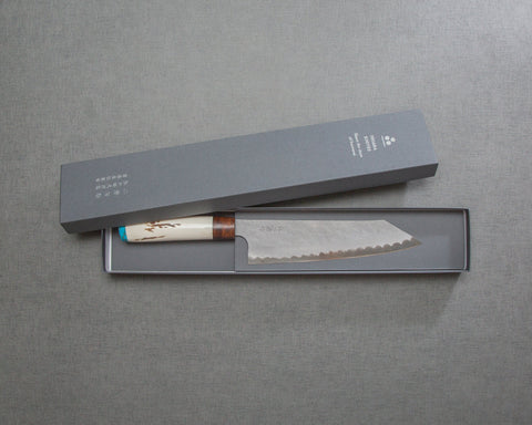 Nigara Aogami Super Matt Migaki Tsuchime 210mm Kiritsuke Gyuto with White Antler Handle
