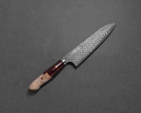 Nigara "Anmon" R2/SG2 49 Layers Kurosome Damascus 210mm Gyuto with Stabilized Wood / Polished Ruby Acrylic Handle