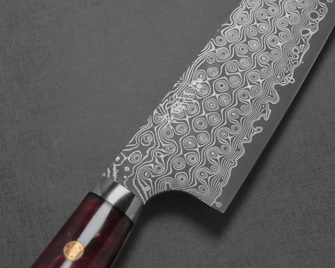 Nigara "Anmon" R2/SG2 49 Layers Kurosome Damascus 210mm Gyuto with Stabilized Wood / Polished Ruby Acrylic Handle