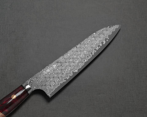 Nigara "Anmon" R2/SG2 49 Layers Kurosome Damascus 210mm Gyuto with Stabilized Wood / Polished Ruby Acrylic Handle