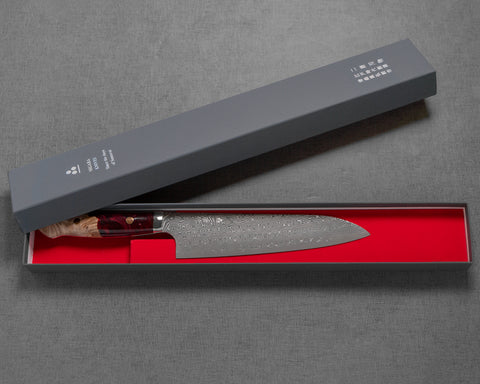 Nigara "Anmon" R2/SG2 49 Layers Kurosome Damascus 210mm Gyuto with Stabilized Wood / Polished Ruby Acrylic Handle