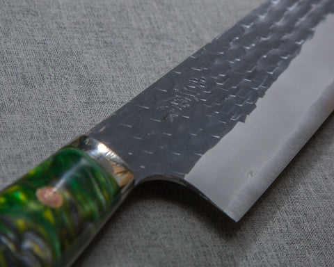 Nigara R2/SG2 Tsuchime Kurouchi 210mm Gyuto with Polished Emerald Acrylic Handle