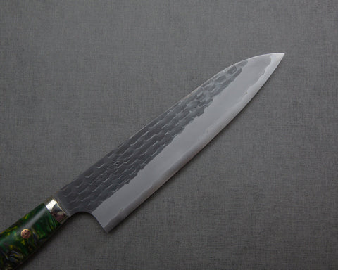 Nigara R2/SG2 Tsuchime Kurouchi 210mm Gyuto with Polished Emerald Acrylic Handle