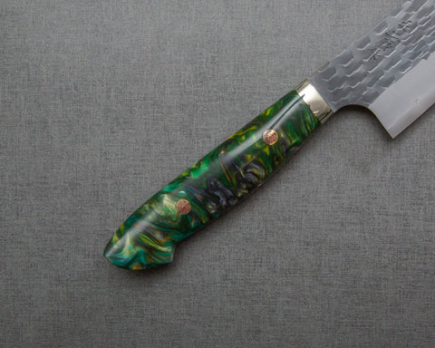 Nigara R2/SG2 Tsuchime Kurouchi 210mm Gyuto with Polished Emerald Acrylic Handle