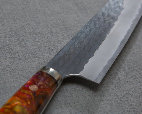 Nigara R2/SG2 Tsuchime Kurouchi 210mm Gyuto with Polished Maroon Amber Acrylic Handle