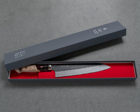 Nigara R2/SG2 Tsuchime Kurouchi 210mm Gyuto with Stabilized Wood / Polished Wine Acrylic Handle