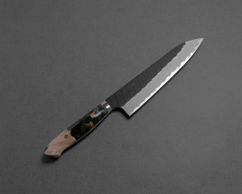 Nigara R2/SG2 Tsuchime Kurouchi 210mm Gyuto with Stabilized Wood / Polished Tigereye Acrylic Handle
