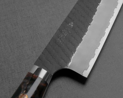 Nigara R2/SG2 Tsuchime Kurouchi 210mm Gyuto with Stabilized Wood / Polished Tigereye Acrylic Handle