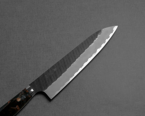 Nigara R2/SG2 Tsuchime Kurouchi 210mm Gyuto with Stabilized Wood / Polished Tigereye Acrylic Handle