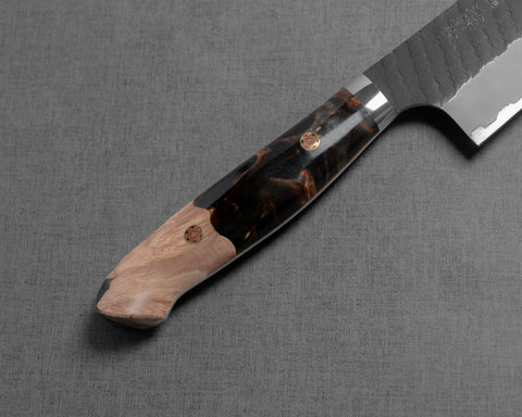 Nigara R2/SG2 Tsuchime Kurouchi 210mm Gyuto with Stabilized Wood / Polished Tigereye Acrylic Handle