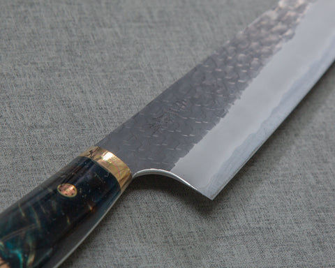 Nigara R2/SG2 Tsuchime Kurouchi 210mm Gyuto with Stabilized Wood / Polished Jadeite Acrylic Handle