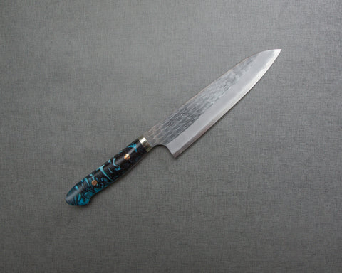 Nigara R2/SG2 Tsuchime Kurouchi 210mm Gyuto with Polished Flowing Azure Acrylic Handle