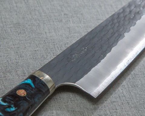 Nigara R2/SG2 Tsuchime Kurouchi 210mm Gyuto with Polished Flowing Azure Acrylic Handle