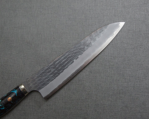 Nigara R2/SG2 Tsuchime Kurouchi 210mm Gyuto with Polished Flowing Azure Acrylic Handle