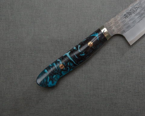 Nigara R2/SG2 Tsuchime Kurouchi 210mm Gyuto with Polished Flowing Azure Acrylic Handle