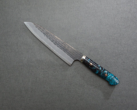Nigara R2/SG2 Tsuchime Kurouchi 210mm Gyuto with Polished Flowing Azure Acrylic Handle
