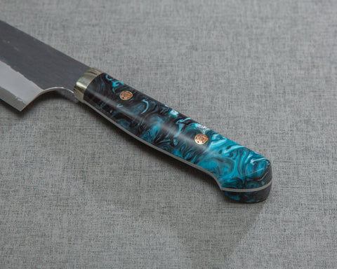 Nigara R2/SG2 Tsuchime Kurouchi 210mm Gyuto with Polished Flowing Azure Acrylic Handle