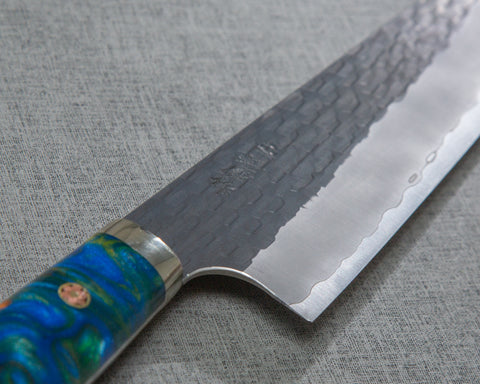 Nigara R2/SG2 Tsuchime Kurouchi 210mm Gyuto with Polished Sunset Sodalite Acrylic Handle