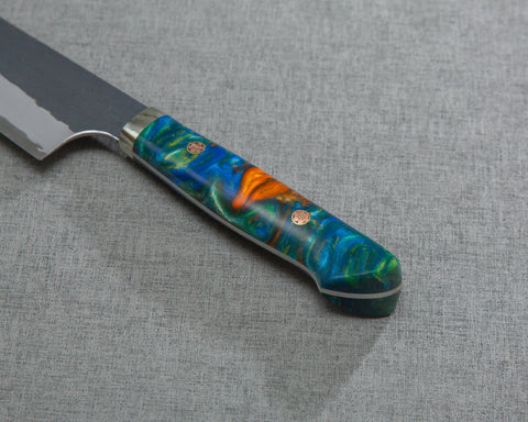 Nigara R2/SG2 Tsuchime Kurouchi 210mm Gyuto with Polished Sunset Sodalite Acrylic Handle