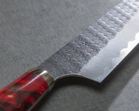 Nigara R2/SG2 Tsuchime Kurouchi 210mm Gyuto with Polished Red Lava Acrylic Handle