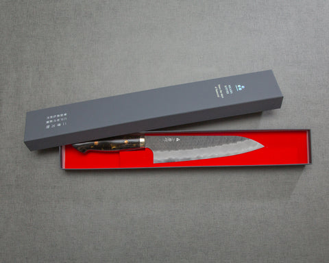 Nigara R2/SG2 Tsuchime Kurouchi 210mm Gyuto with Polished Tigereye Acrylic Handle