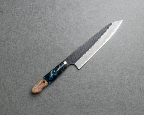 Nigara R2/SG2 Tsuchime Kurouchi 210mm Gyuto with Stabilized Wood / Polished Aquamarine Acrylic Handle