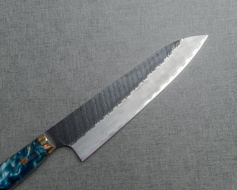 Nigara R2/SG2 Tsuchime Kurouchi 210mm Gyuto with Stabilized Wood / Polished Aquamarine Acrylic Handle